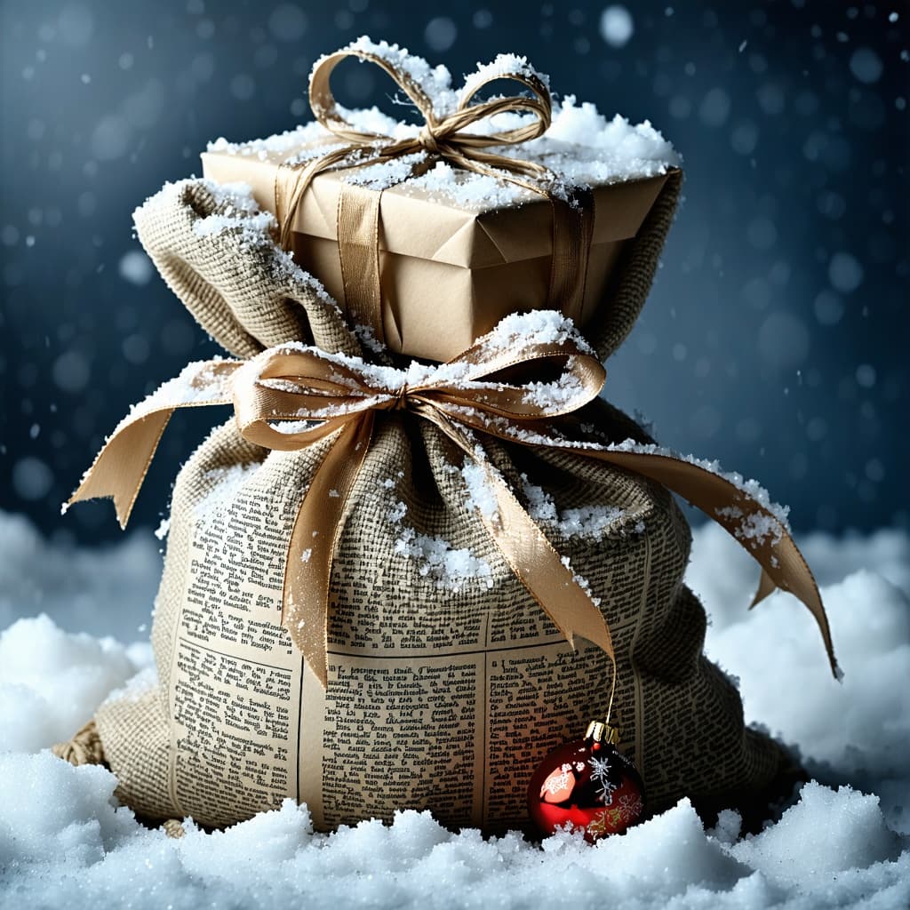 AI generated: A ribbon covered in snow tells the story of Christmas gifts in a sack