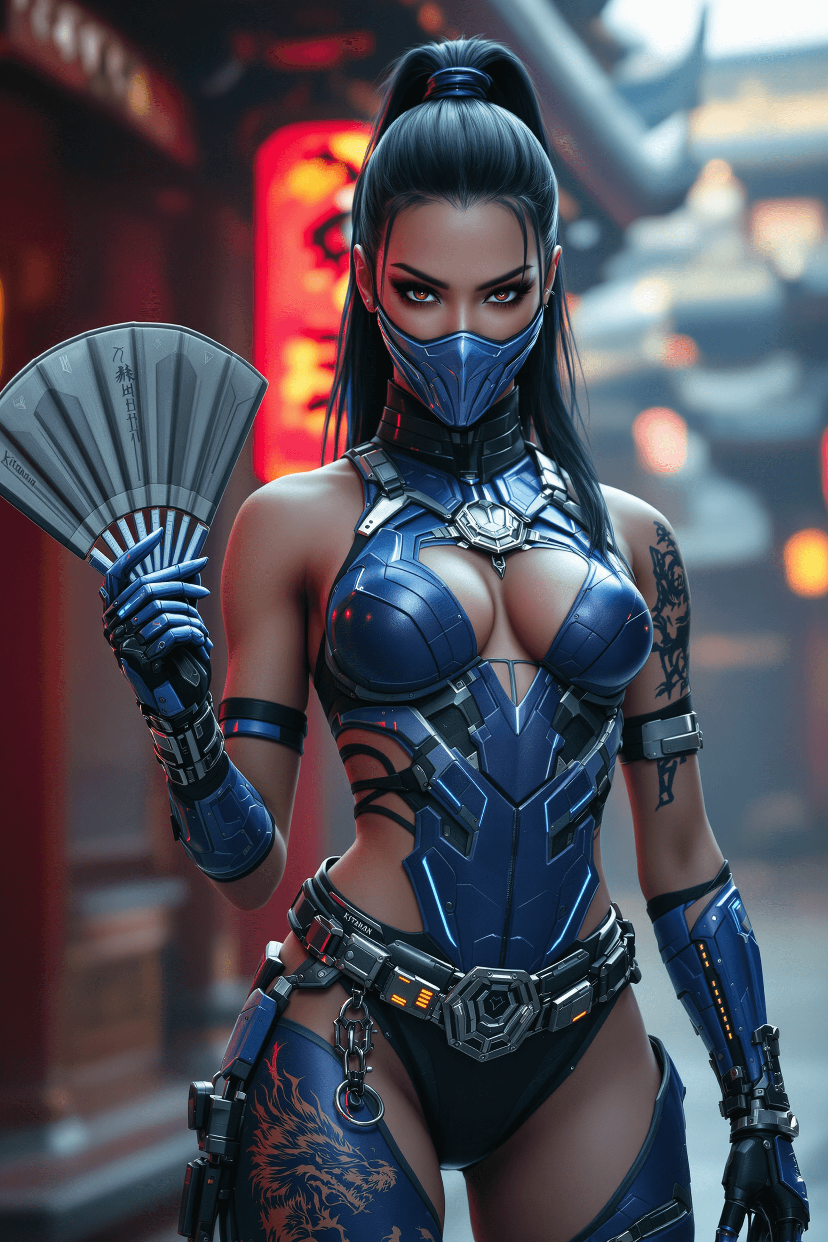 AI generated: Ultra-realistic cyberpunk Kitana, Mortal Kombat character, blending human and robotic features. She ...