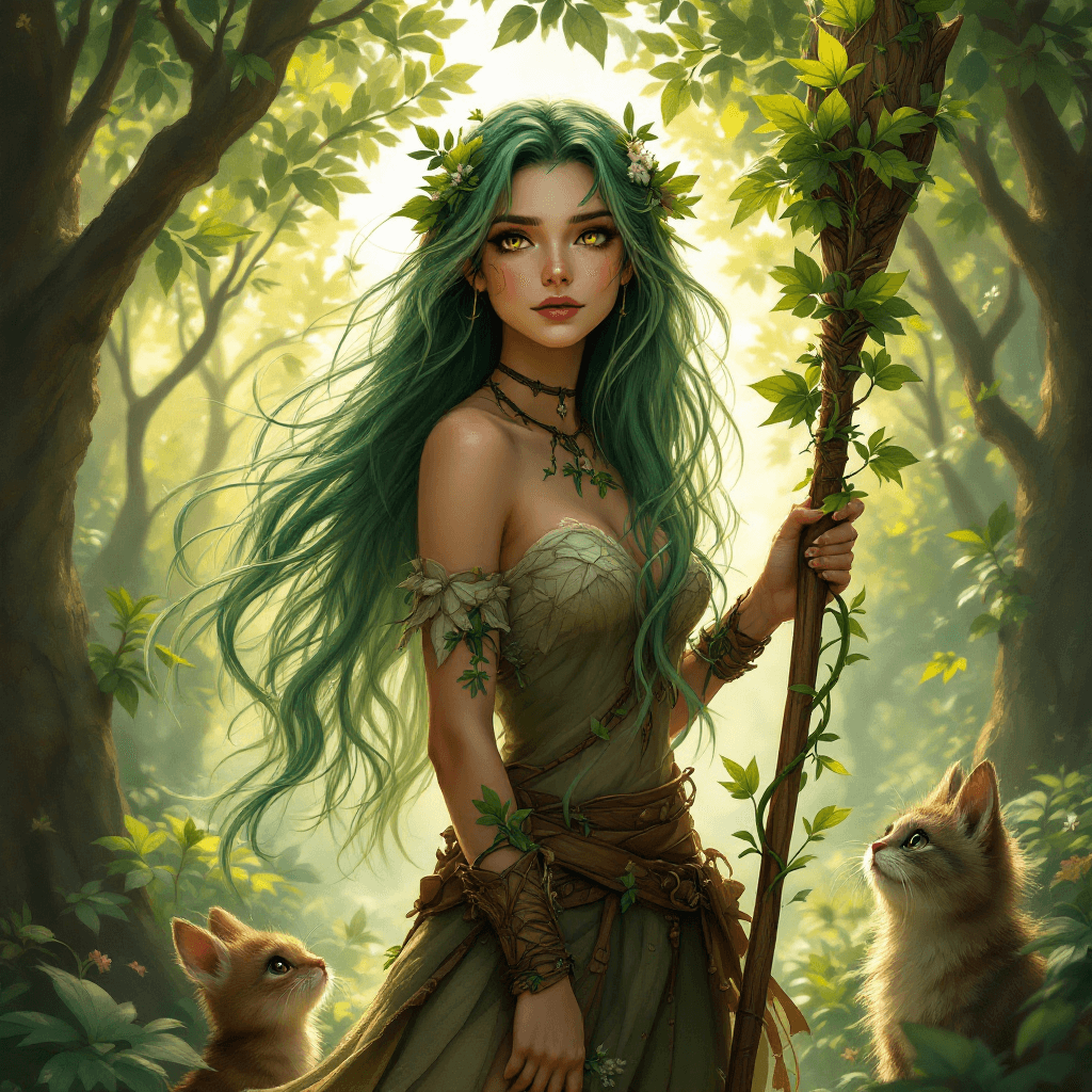 AI generated: The Forest Sentinel: A skilled guardian with long, flowing, emerald green hair, styled with vines an...