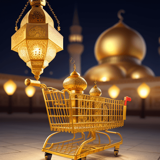 AI generated: Ornate golden shopping cart, clear carved decorations, mosque in background, Ramadan lantern, Ramada...
