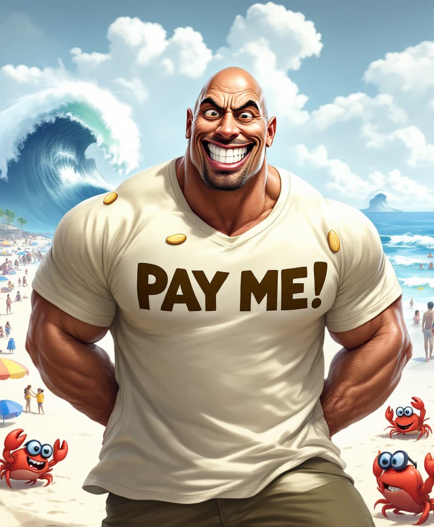 AI generated:  A humorous, exaggerated caricature of Dwayne Johnson. His face has huge, intense eyes with one high...