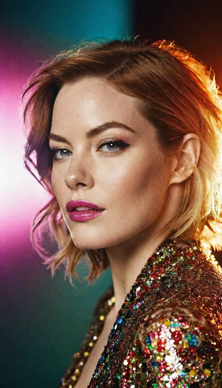 AI generated: Emma Stone, (photography by Mario Testino), shot on digital DSLR camera, softbox lighting with color...