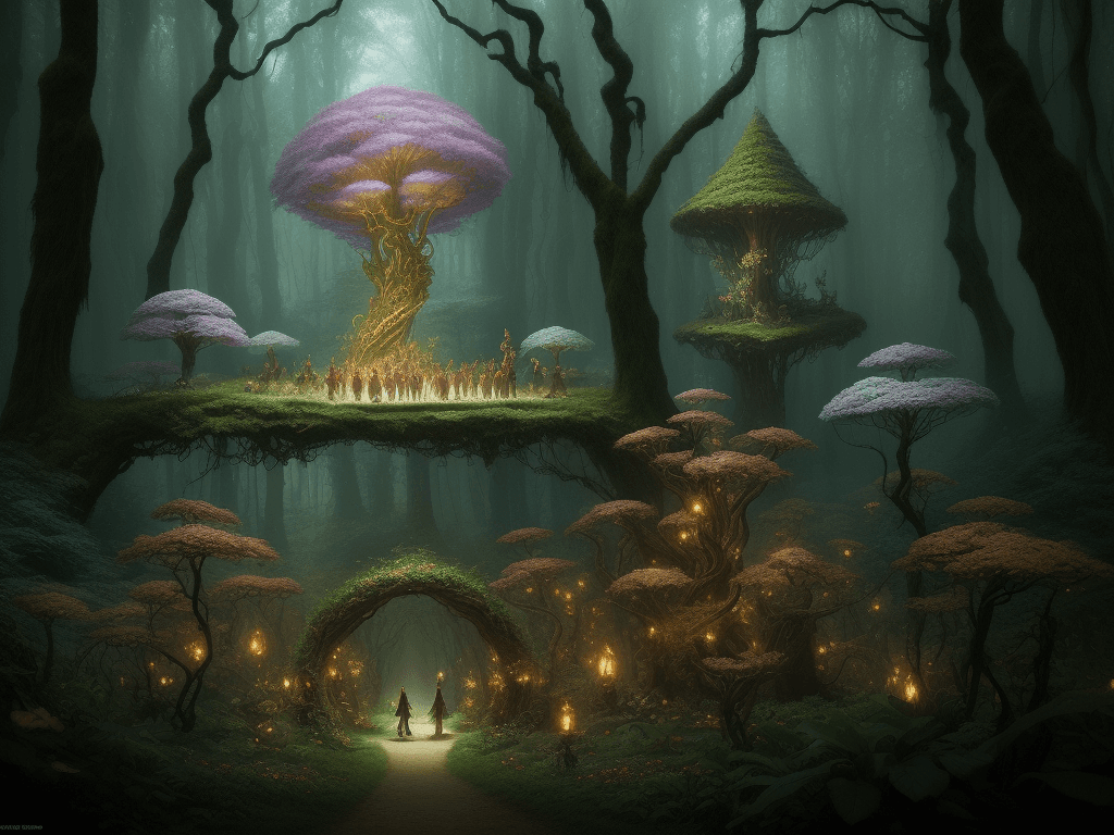 AI generated: Oscar winning detailed photography, cinematic scene, Enchanted forest, with elves, with a giant fant...