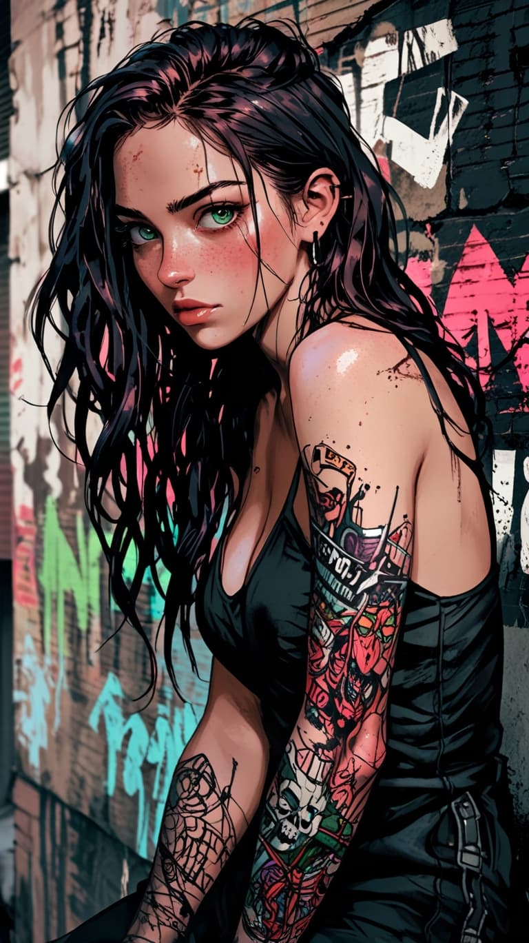 AI generated: A grittily enchanting nymph, her delicate features a stark contrast to the urban decay surrounding h...