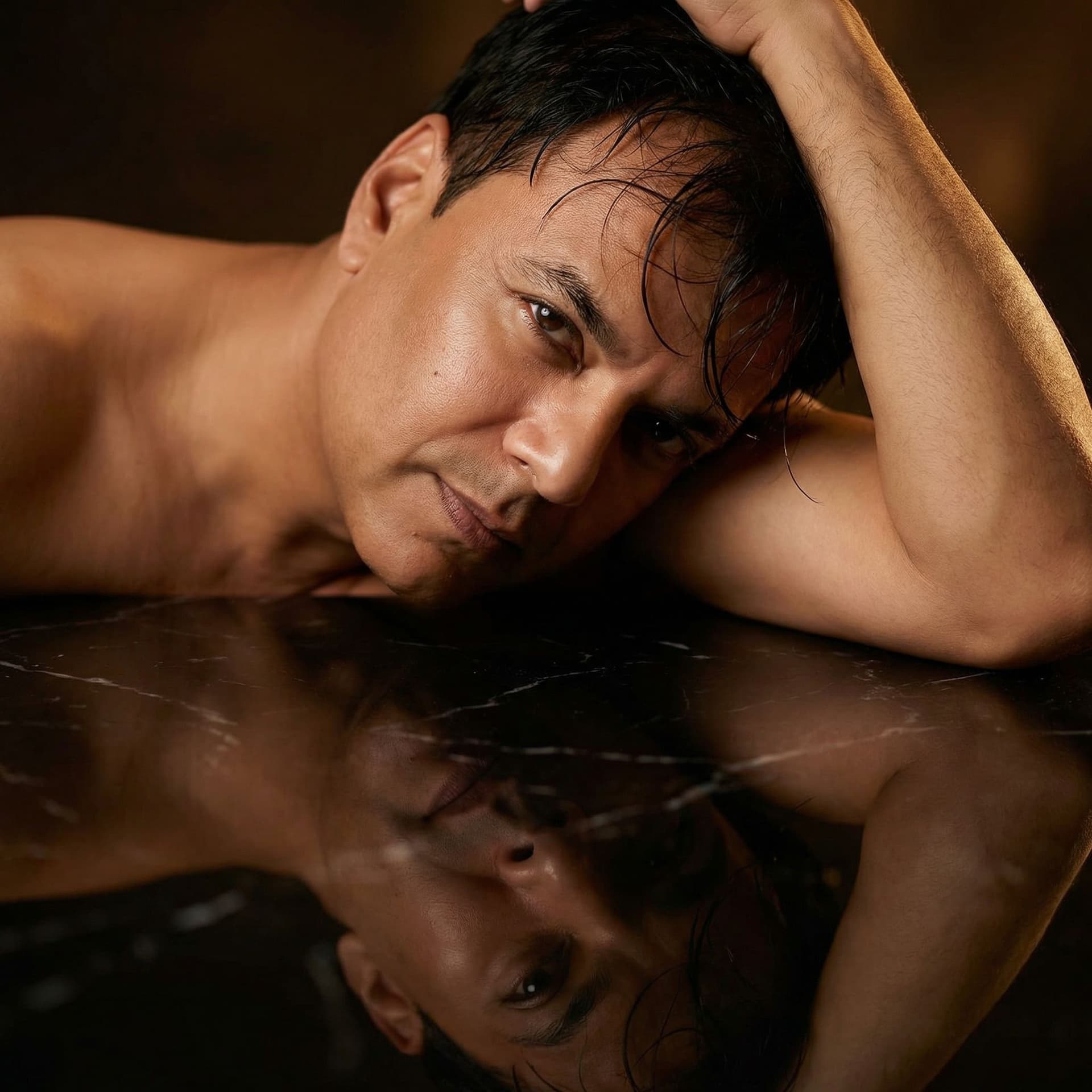 AI generated: mirror 👇
The most realistic portrait of a handsome young man lying elegantly. The head rests light...