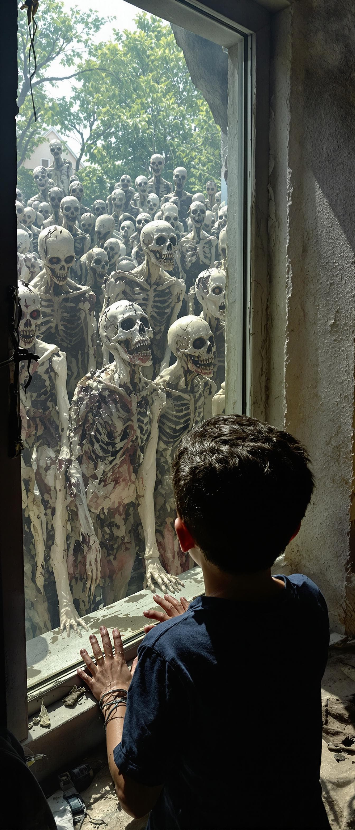 AI generated: A boy looking from a window at daylight and sees many walking dead people . Their body are fleshy  ....