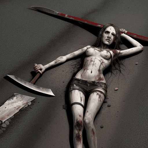 AI generated: The girl's corpse, next to the killer with an axe, asphalt,