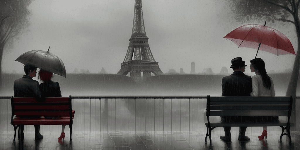 AI generated: This is a romantic and evocative painting capturing a couple sharing an umbrella during a rain showe...