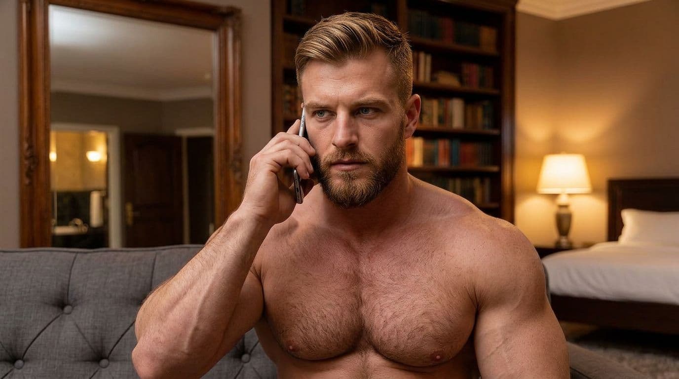 AI generated: The scene is on the couch in the bedroom.
The model is  making a phone call. He is shirtless. 

The ...