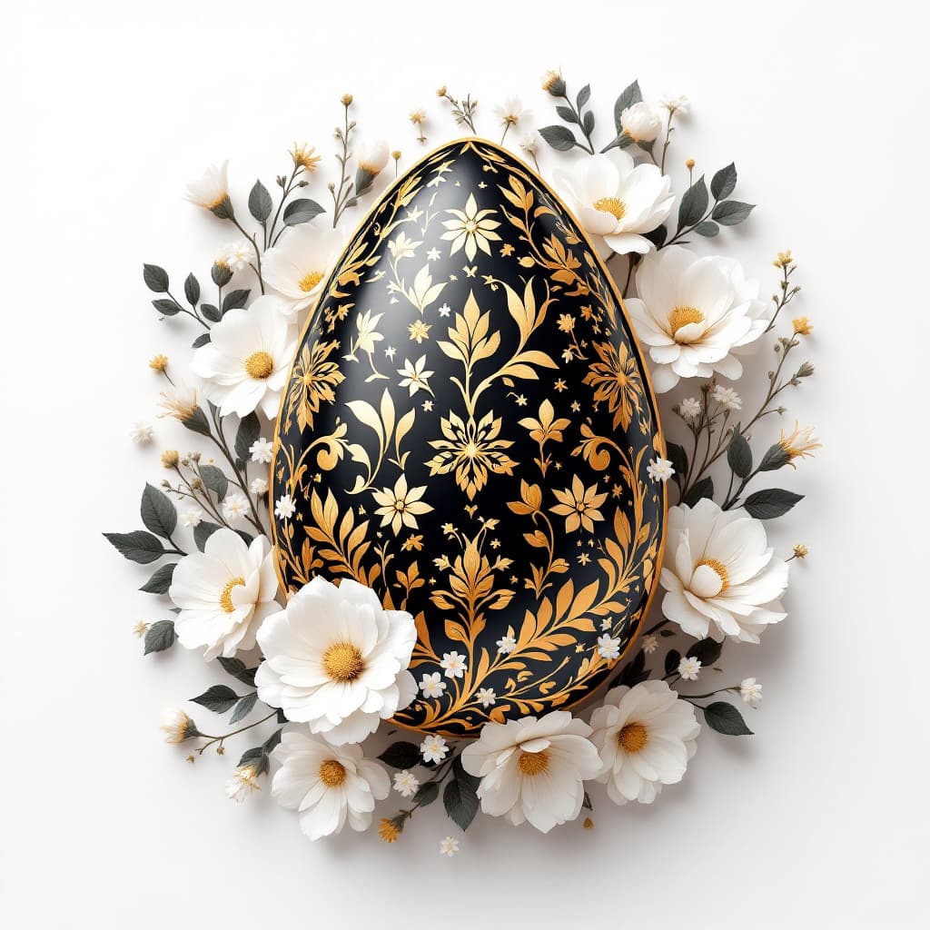 AI generated:  3D Easter egg, white background, vector illustration, black and gold color palette, white flowers, ...