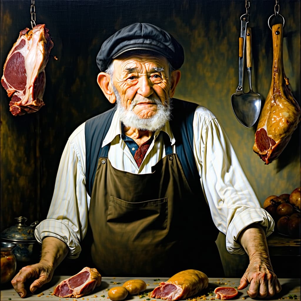 AI generated: a portrait of an old butcher in 19th century, beautiful painting with highly detailed face by greg r...