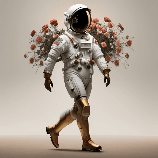 AI generated: an astronaut wearing a helmet painted, Walking on blooming roses, full body, militaristic realism, h...