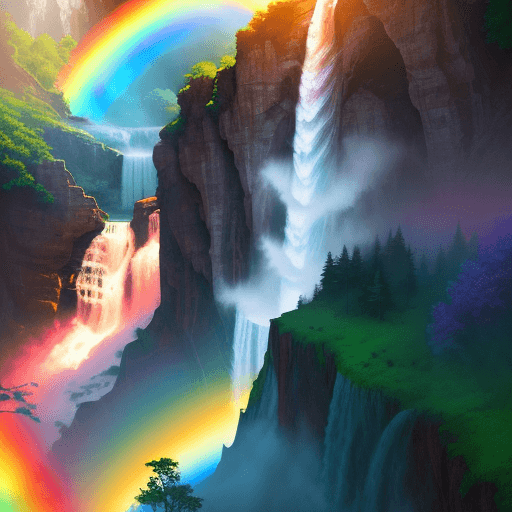 AI generated: A majestic waterfall flowing down a cliff into a colorful rainbow mist, digital painting with dreamy...