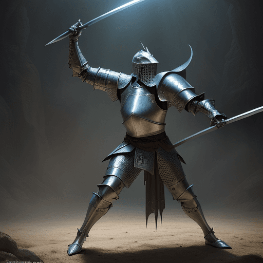 AI generated: Medieval knight, swinging a long sword fight with a western dragon, full body armor, highly realisti...