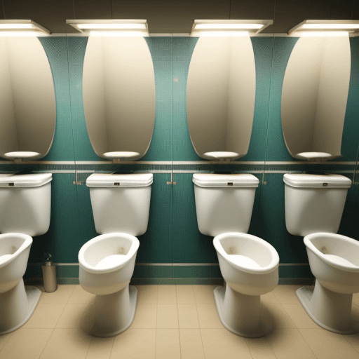 AI generated: row of female urinals in women's restroom with women using them
