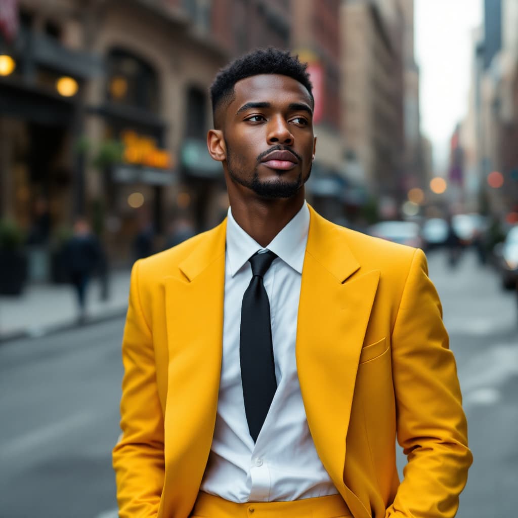 AI generated: photo of a black young man in a yellow suite in a street in new york city