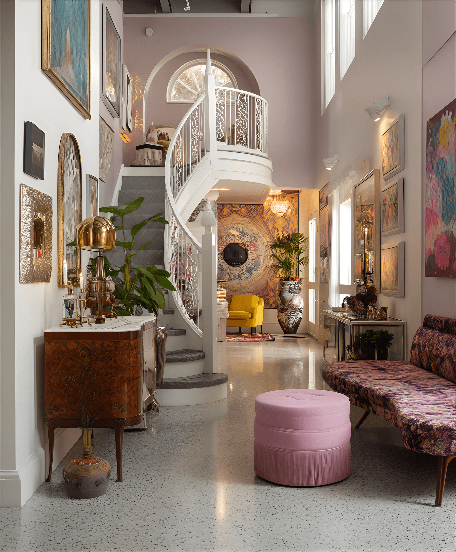 AI generated: photography, a space with high ceilings, terrazzo flooring, curated art pieces, and bold furniture c...