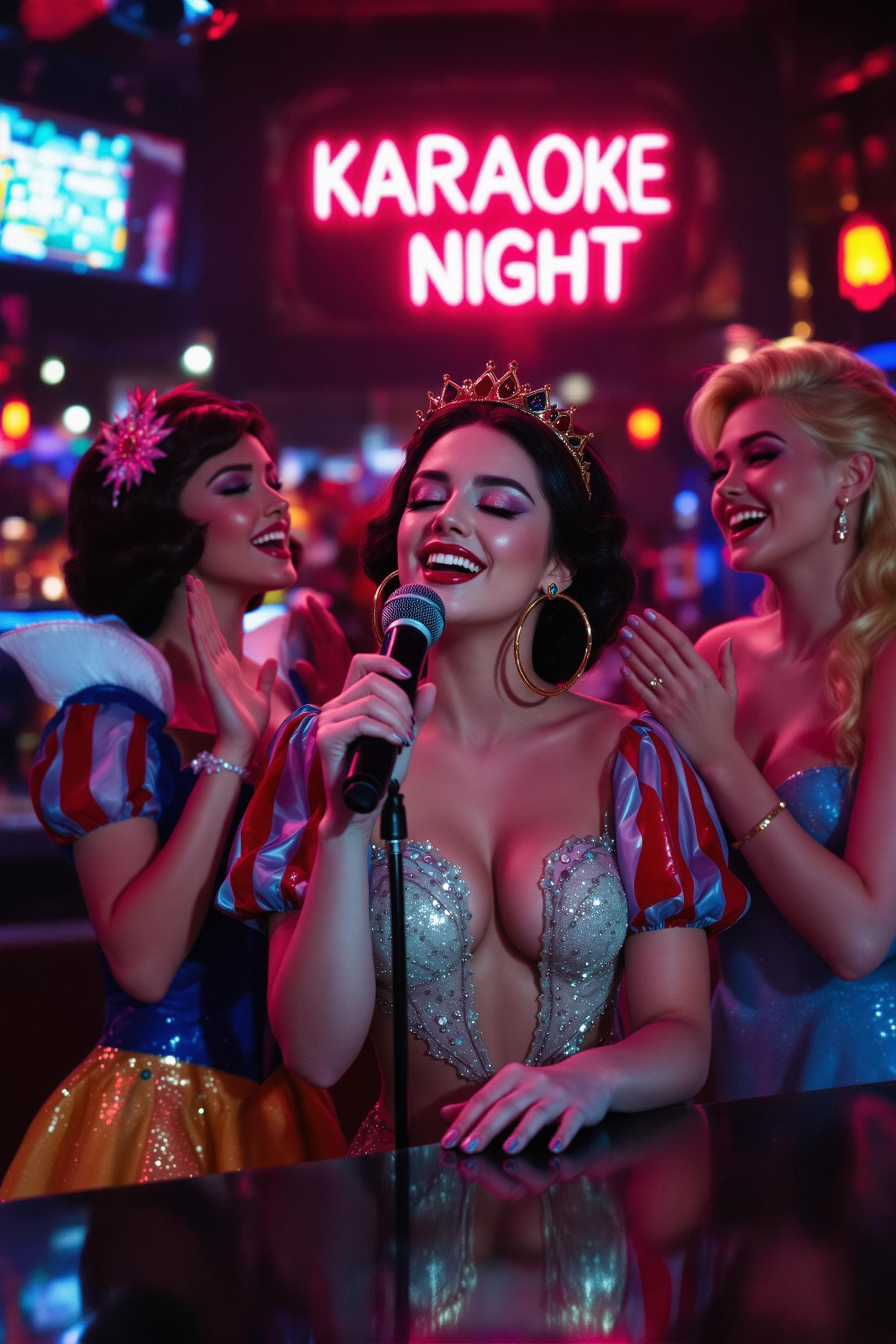 AI generated: A hyper-realistic, cinematic photo of three real-life fairytale princesses at a modern karaoke bar. ...