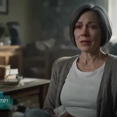 AI generated video: SCENE 1: Muted colors, somber muted lighting. A woman, SARAH (50s), sits on a couch in a cluttered l...