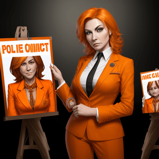 AI generated: A wealthy business woman in an orange suit with a jack-o-lantern for a head in a police line up hold...