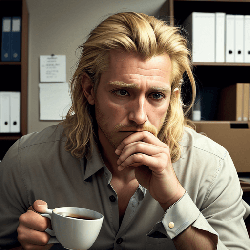 AI generated: Medium close-up, photograph of a very tired man, drinking a cup of coffee, (calvicie:1. 1), blond lo...