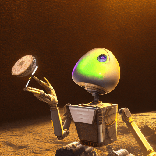 AI generated: WALL·E with flower. cinematic lighting, volumetric rays, moody, wet, dripping mud --ar 2:3 --s 750