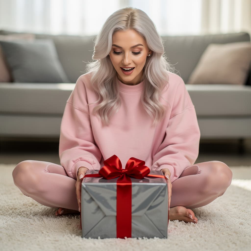 AI generated: a gorgeous platinum haired lady is sitting cross legged on a creme colored carpet. she is wearing a ...