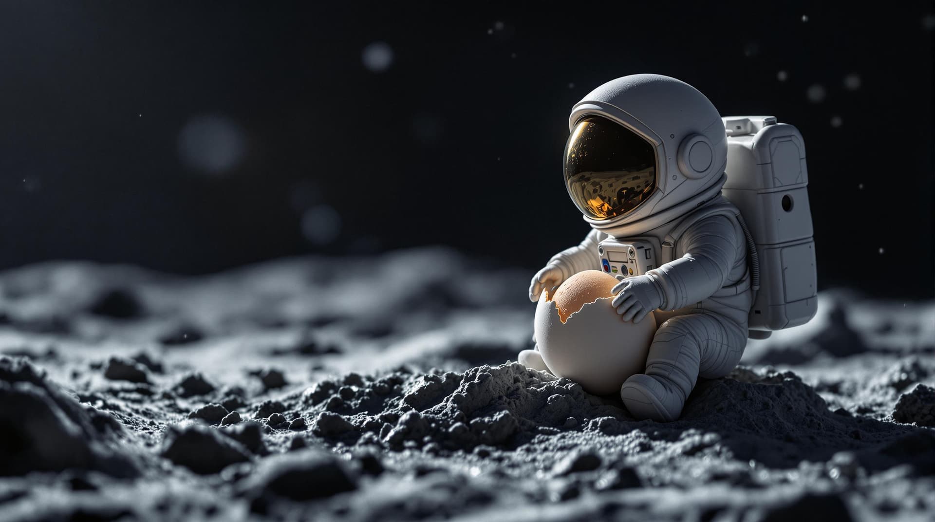 AI generated: a tiny astronaut hatching from an egg on the moon