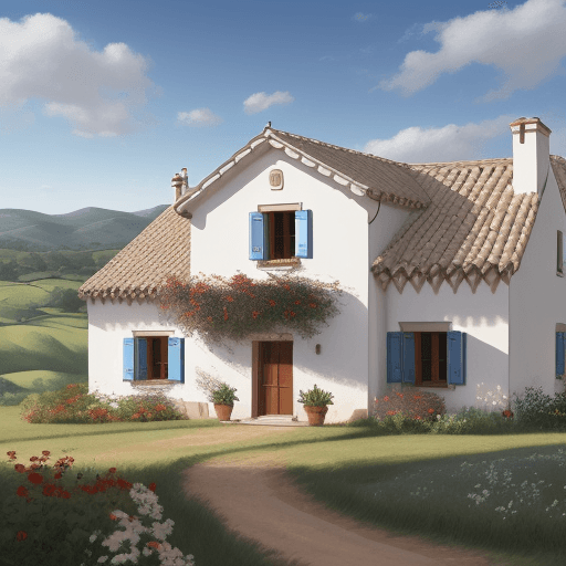 AI generated: Realistic paint. A countryside house in a classic Catalan style. Surrounded by hill. Add a blue, whi...