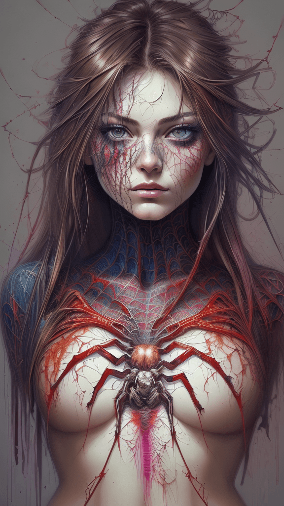 AI generated: Art by Carne Griffiths, Spider-Girl, perfect face, perfect body, Knitting clothes, perfect digital p...