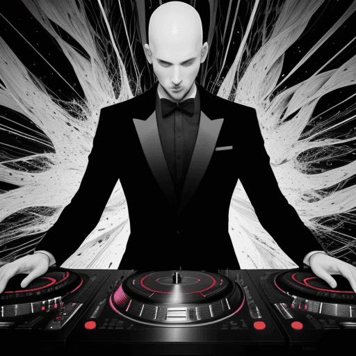 AI generated: Create an abstract surrealist artwork inspired by a wedding DJ performance, with a bald Caucasian DJ...