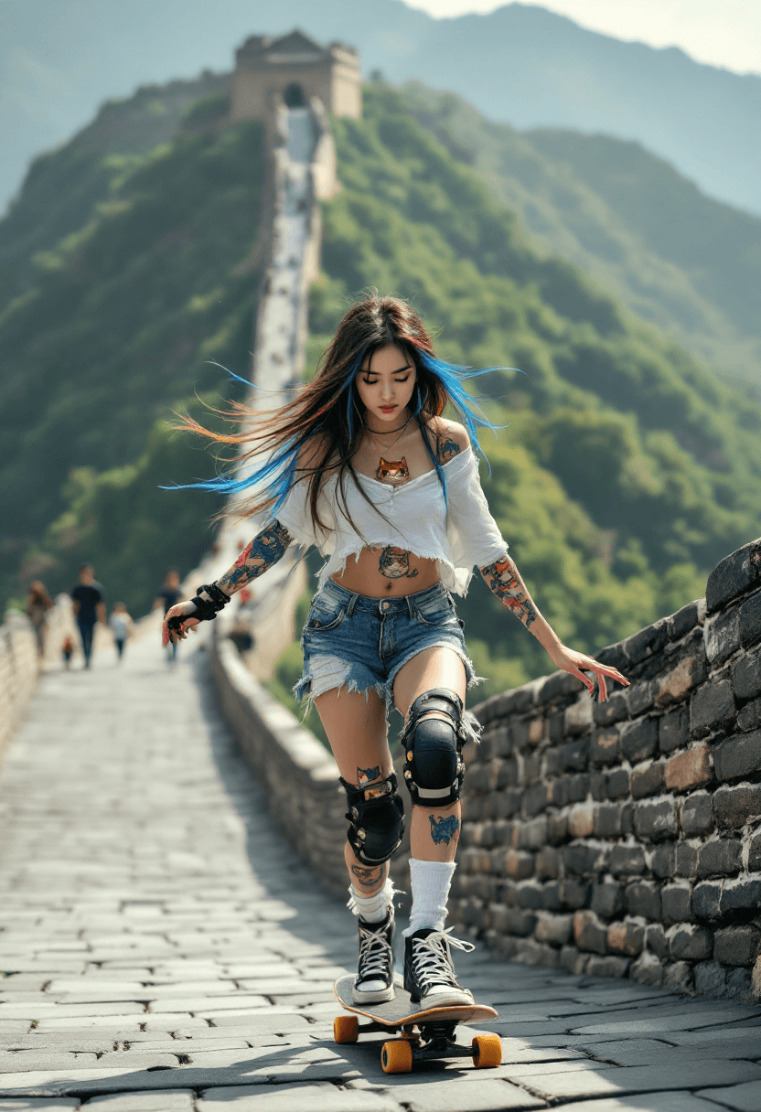 AI generated: (8K) masterpiece image of a beautiful brunette Chinese girl riding a skateboard down the Great Wall ...