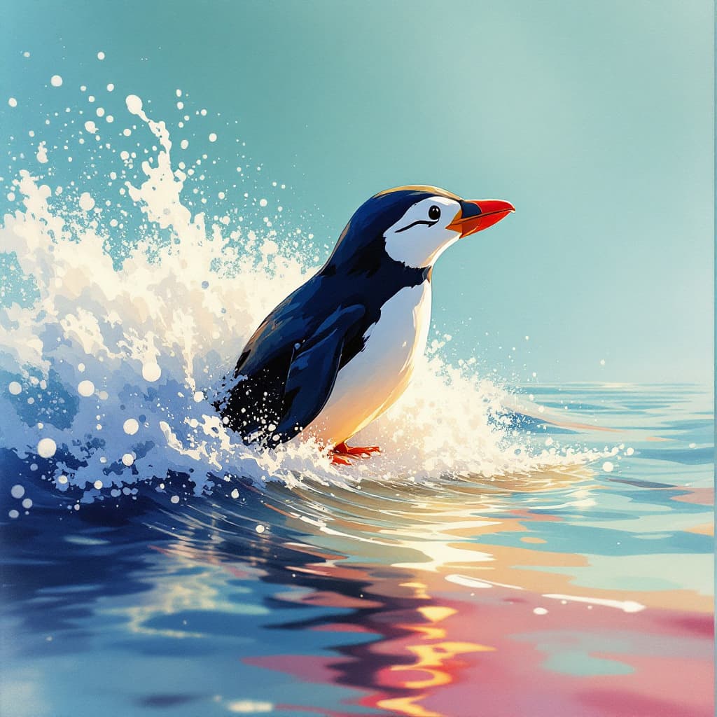 AI generated: Pinguim nadando no mar e um farol 
em um estilo suave de desenho animado em aquarela inspirado em an...