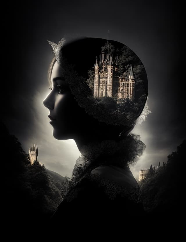 AI generated: double exposure of a castle inside a woman's head photo, black background, side view with strong bac...