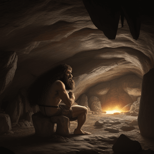 AI generated: A prehistoric caveman sitting in a prehistoric cave, 8k