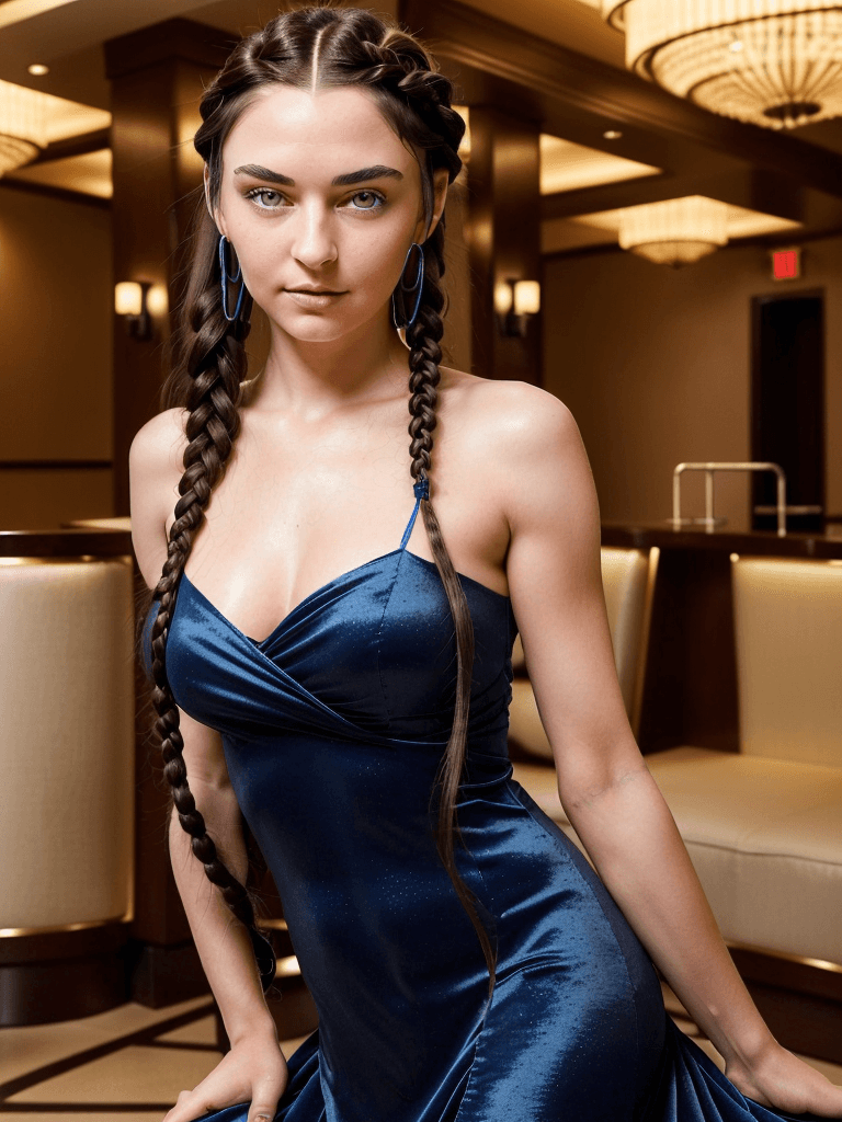 AI generated: Create an image of a highly attractive woman with long dark hair braided over her shoulders. She is ...