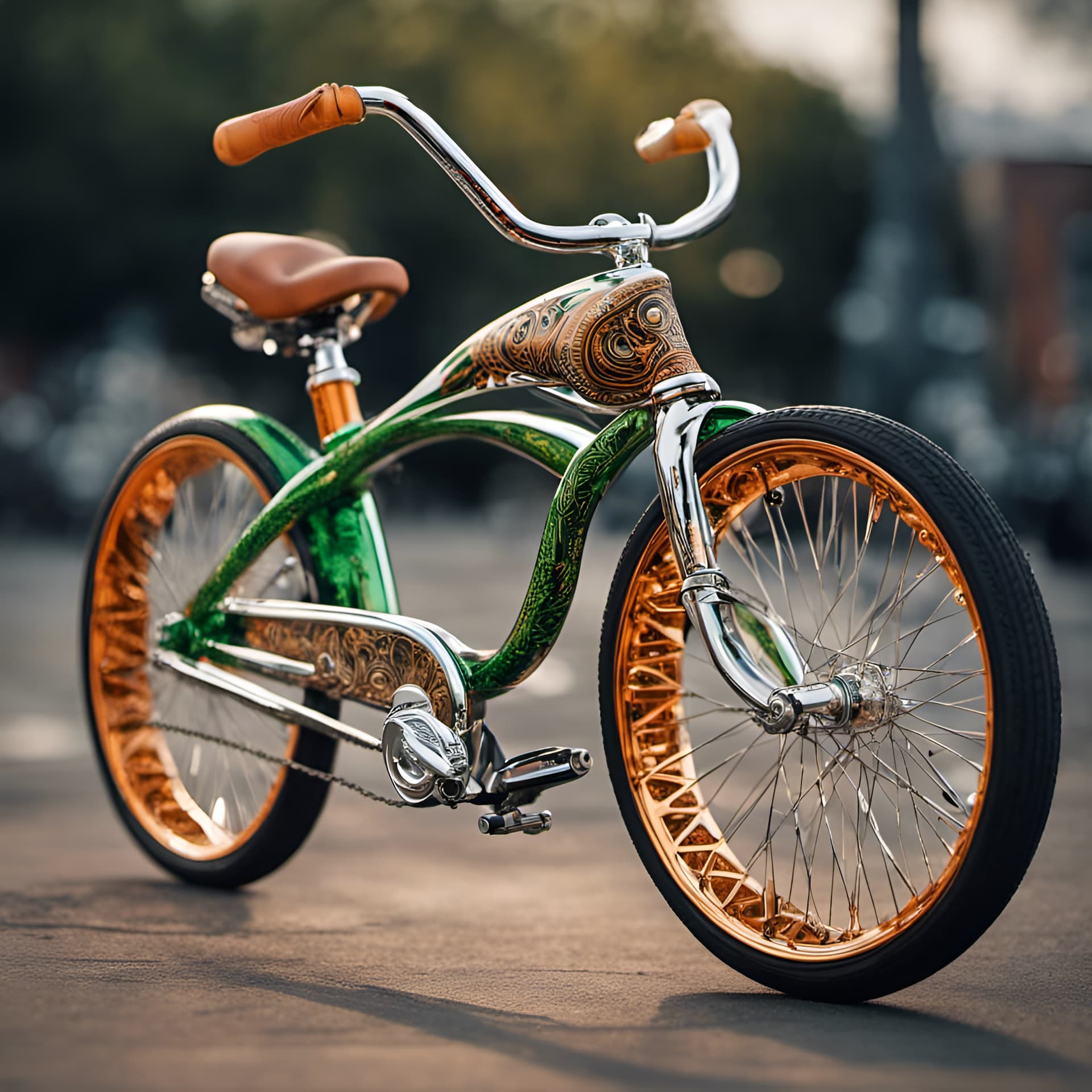 AI generated: A full wide view of a lowrider bicycle with custom engraving, capturing the details of the patterns ...