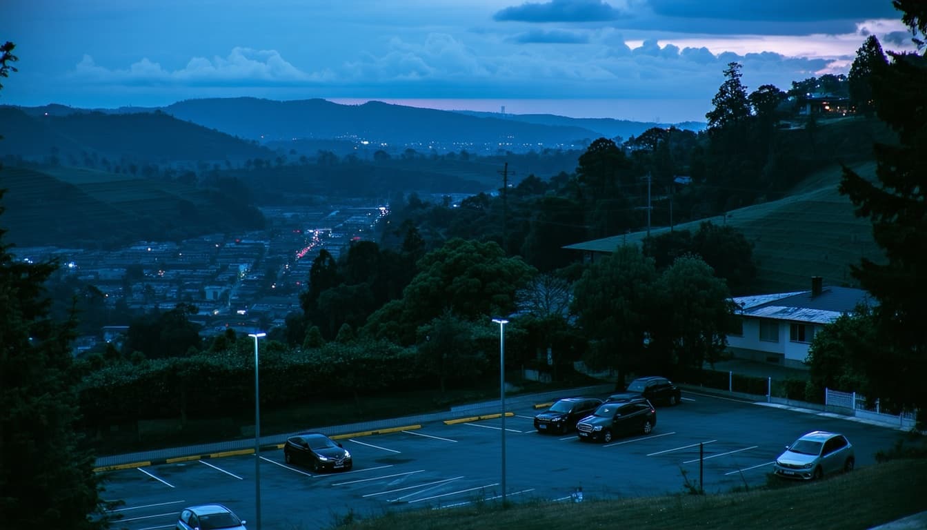 AI generated: a view from a hill with trees around on the small parking place, looking down in the valley with tre...