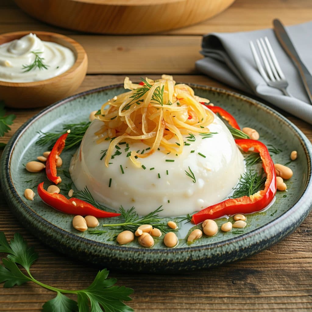 AI generated: Visually stunning and mouthwatering photograph of a beautifully presented white bean purée. A sphere...