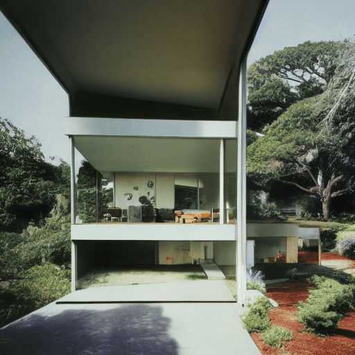 AI generated: Hyper realistic eye level exterior photo of a mid century modern style house overlooking the ocean, ...