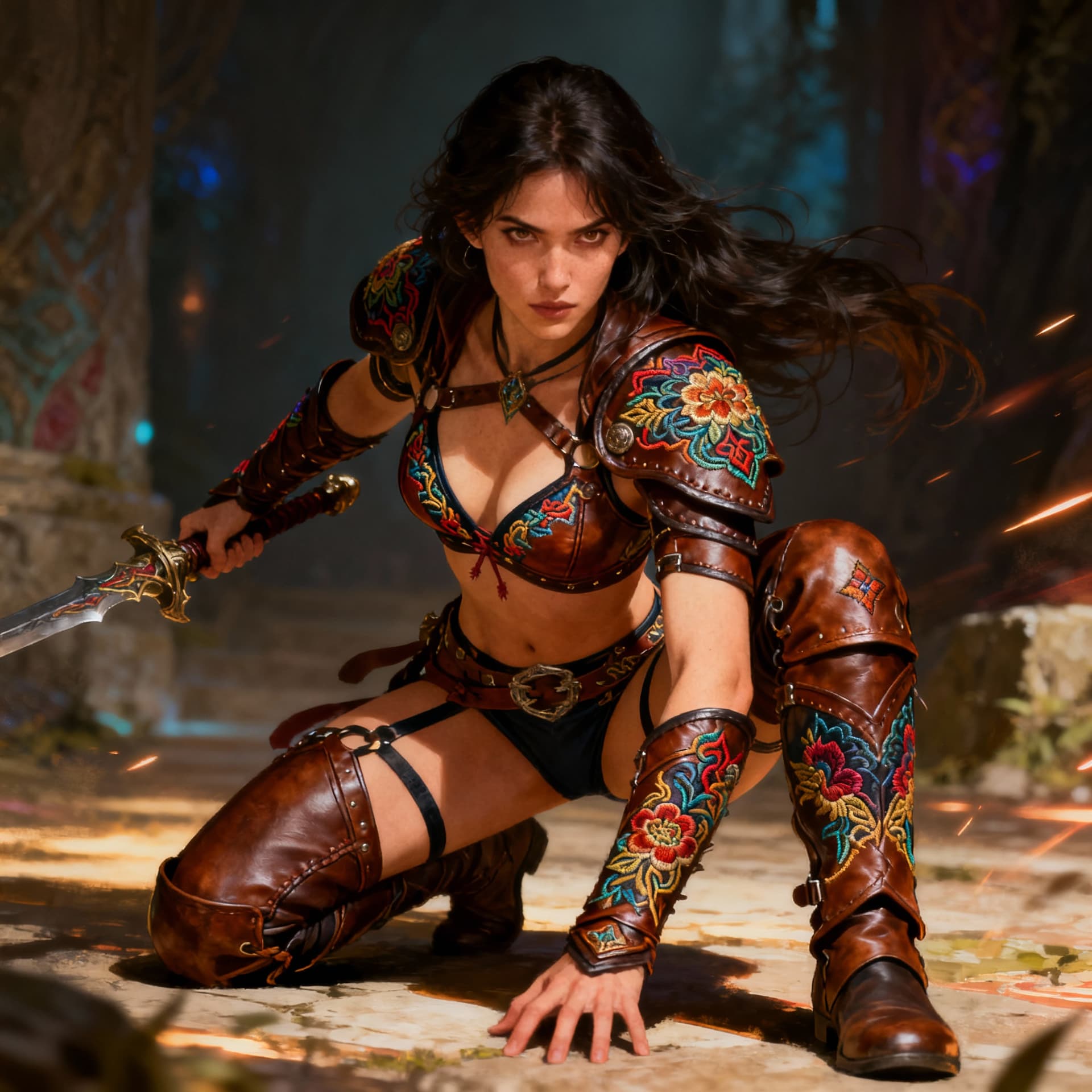 AI generated: full body well lit portrait of a sexy female mage in intricately embroidered  leather bikini armor, ...
