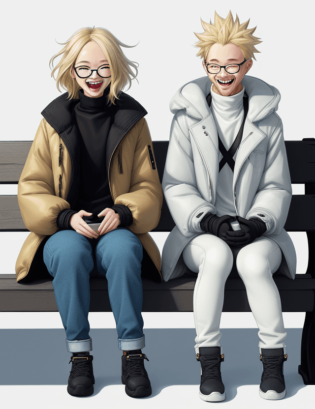 AI generated: two friends is sitting at bench, laughing, left one has glasses and black puffy coat and blue baggy ...