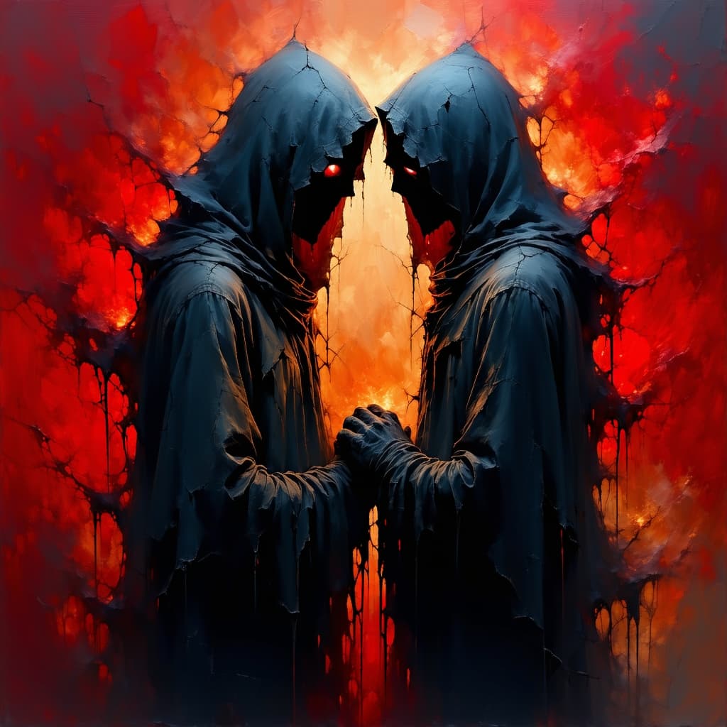 AI generated: unholy, brutal composition, gloomy, intense dark tones, horror, torn apart loving ghost-like souls, ...