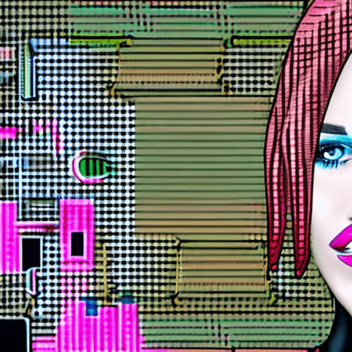 AI generated: cyberpunk themed potrait of a girl looking behnid. Pink-colored hair, blue eyes, sharp nose, pink li...