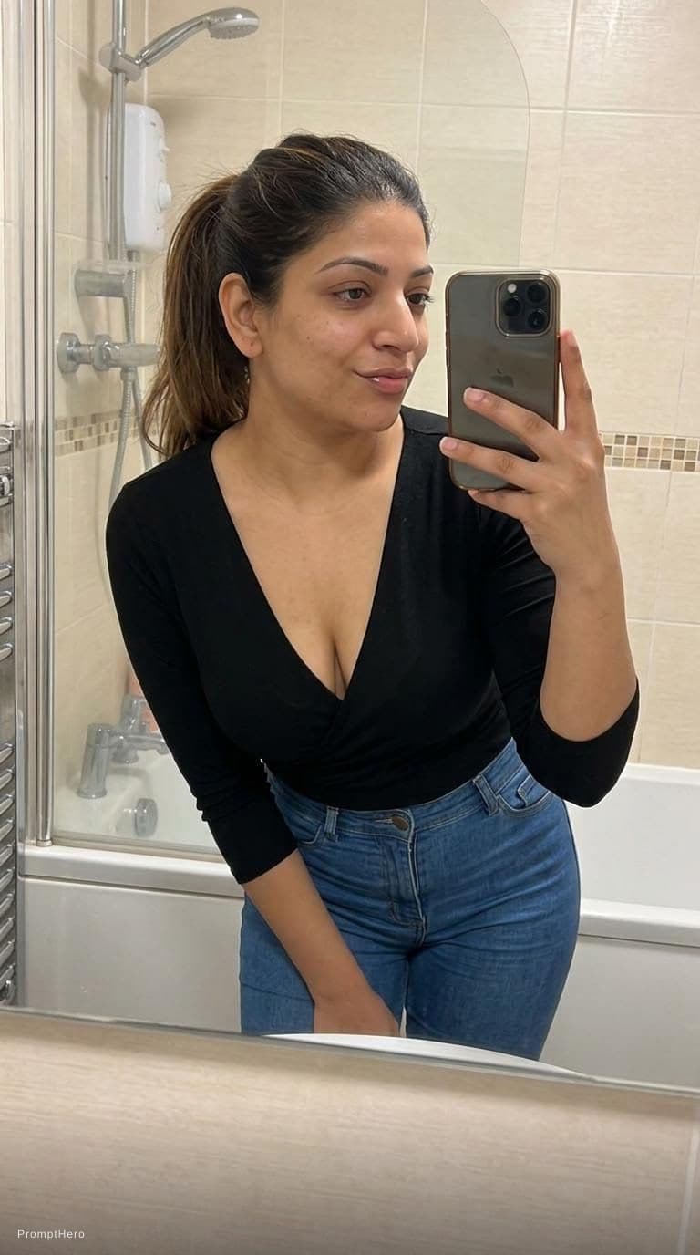 AI generated: Make her wear a décolleté dress and fit formous jeans, ponytail hairstyle, taking a mirrror bathroom...