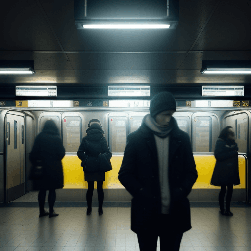 AI generated: create an image of a person standing alone in a subway station, under a single bright fluorescent li...