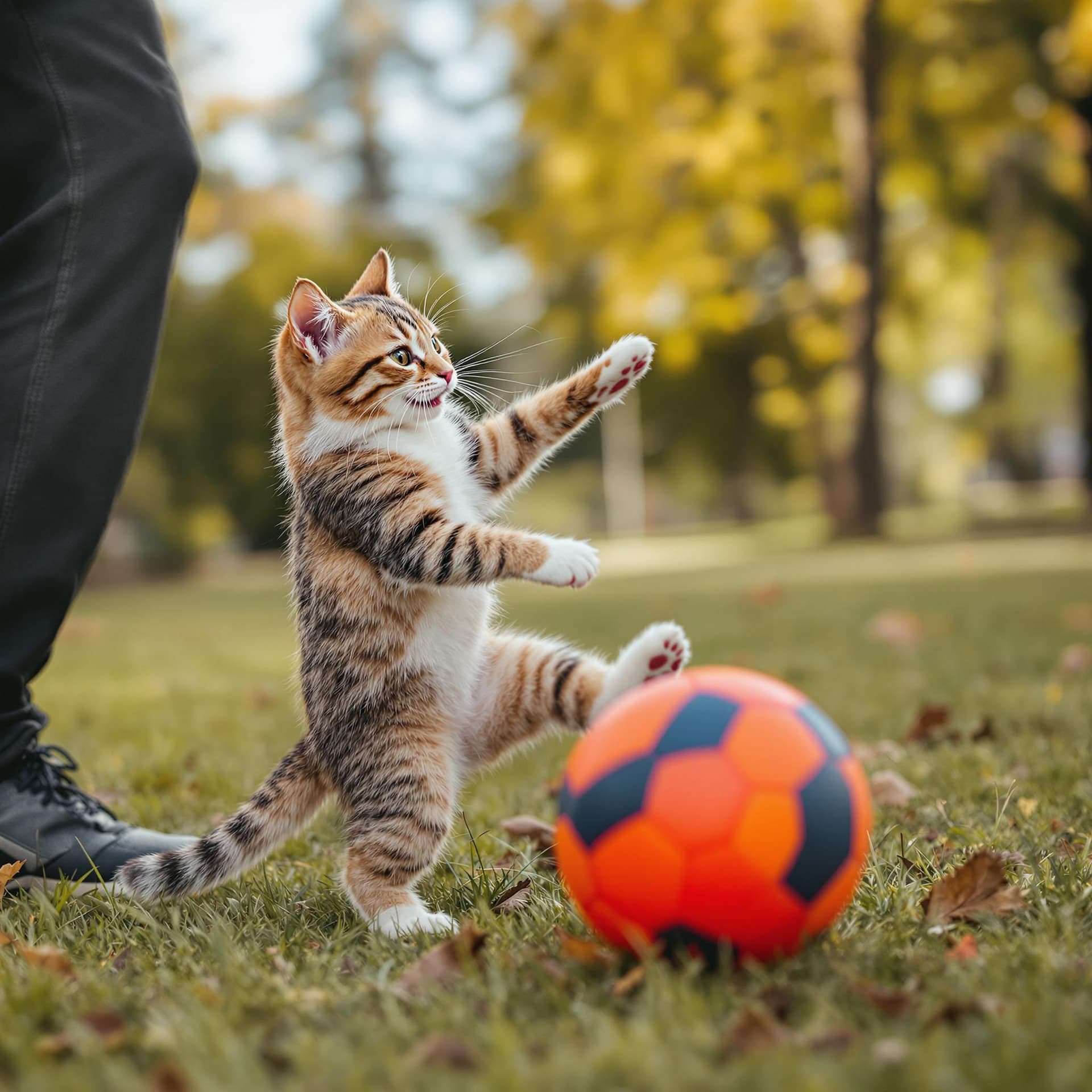 AI generated: Picture of a cat kicking a ball and playing with its owner