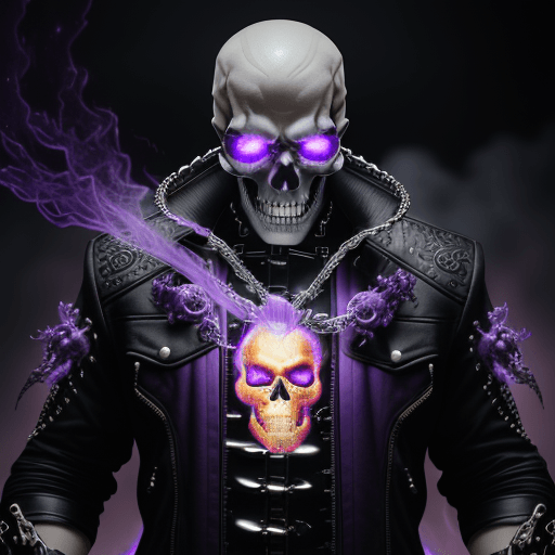 AI generated: a photo of 8k ultra realistic beautiful man GHOST RIDER HOLDING CHAIN, BURNING SKULL IN PURPLE FLAME...