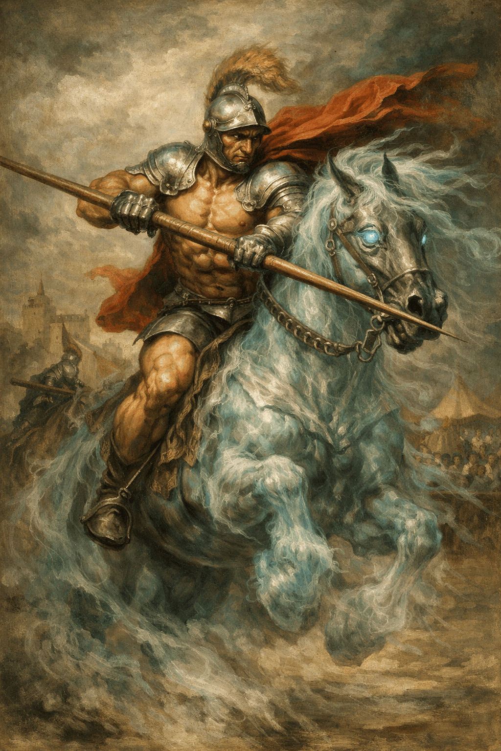 AI generated: fantasy knight jousting on a spectral horse