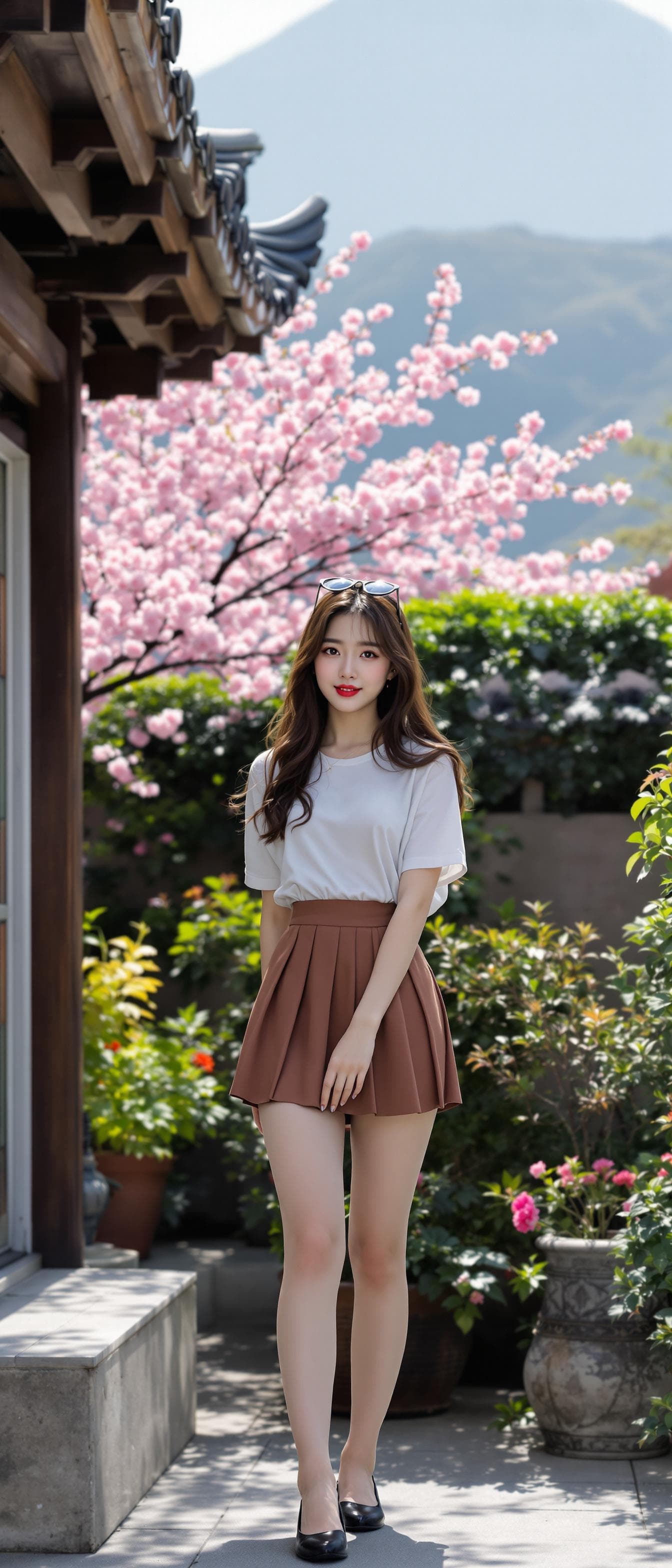 AI generated: a girl, Korean woman, korean ulzzang face, in a casual clothes, short sleeves and pleated mini skirt...
